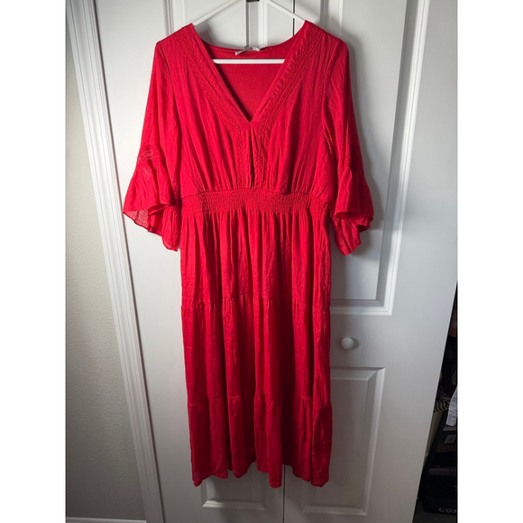 J.Gee Dresses & Skirts - J.Gee Red Midi Dress with Ruffle Sleeves - Size L